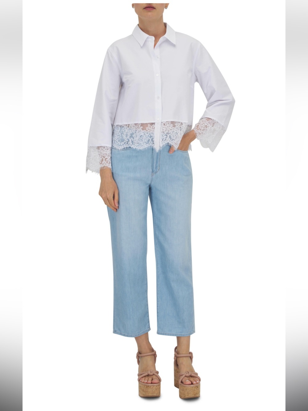 NWT L’AGENCE Levo Lace Trim Cropped Shirt White XS $325